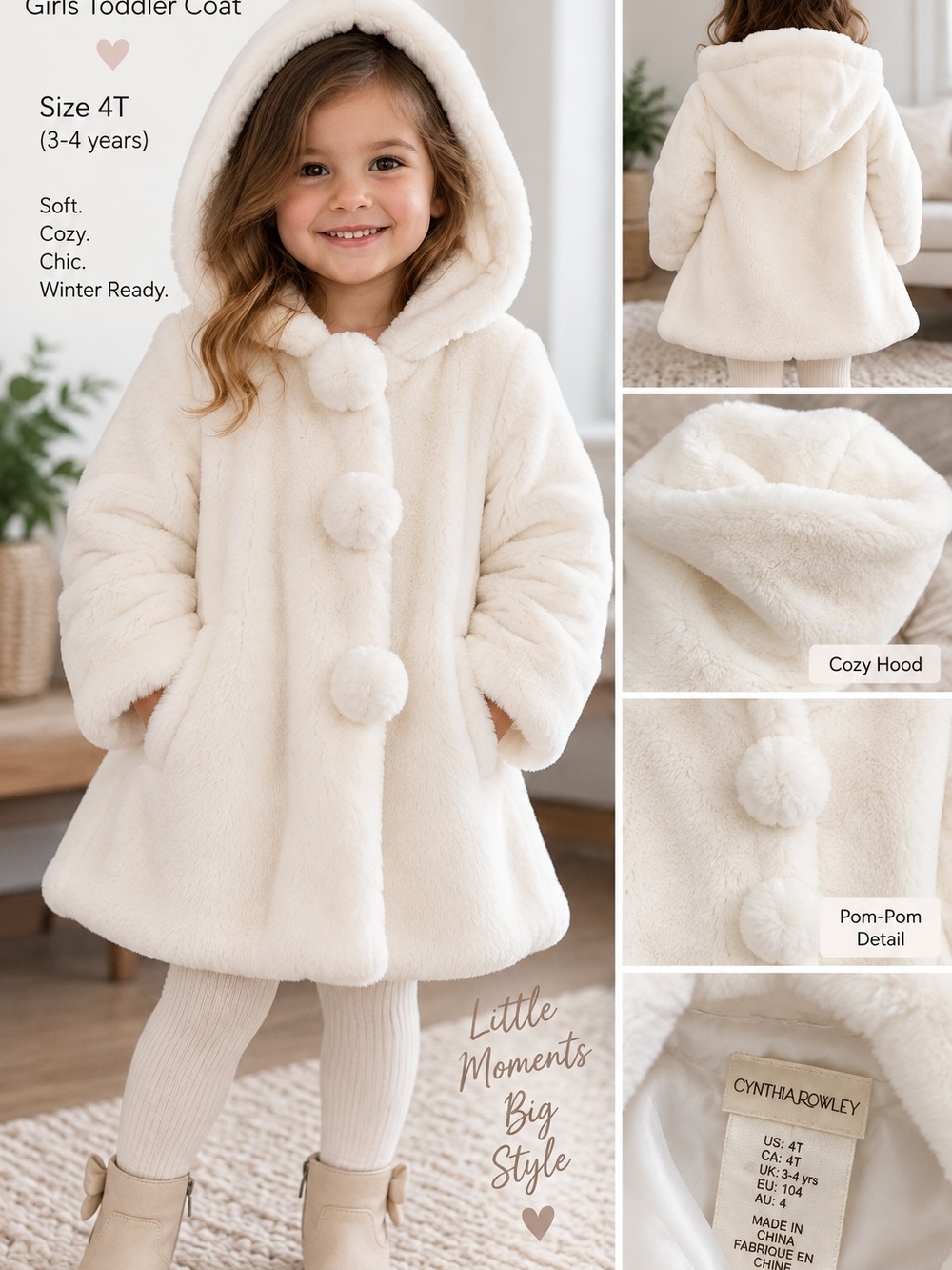 Cynthia Rowley Girls White Faux Fur Bunny Hood Coat Jacket 4T